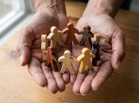Elderly hands holding wooden figures in a circle for unity