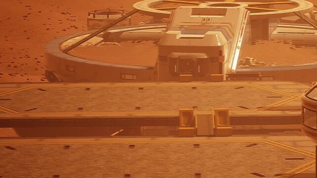 The image shows a habitat structure on Mars under bright sunlight. The red terrain surrounds the building and there are flat areas nearby. This setup is for potential living and research.