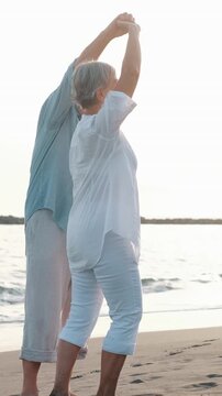 Cheerful senior couple holding hands and dancing barefoot on the wet sand of the beach at sunset, enjoying vacation and retirement with smiles, love and complicity in a moment of pure happiness