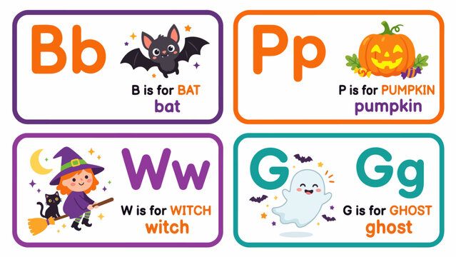 Educational Halloween alphabet flashcards featuring letters B for bat, P for pumpkin, W for witch, and G for ghost in a fun cartoon style