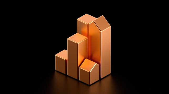 Shiny golden copper growing bar chart on dark black background for business finance increasing profit success data analysis economic progress investment trend