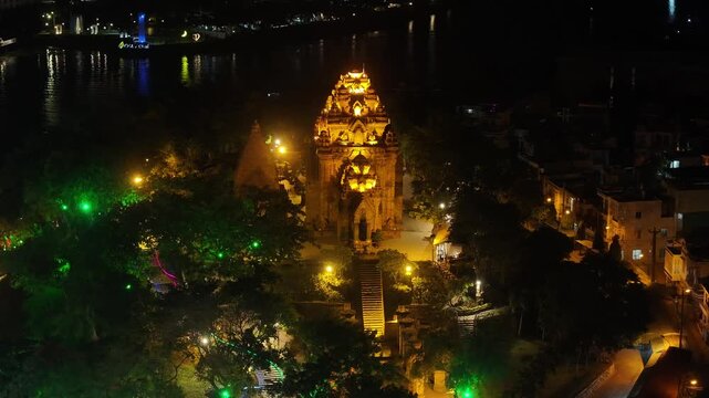 Aerial view of the Po Nagar Cham Towers in Nha Trang, Vietnam in the night