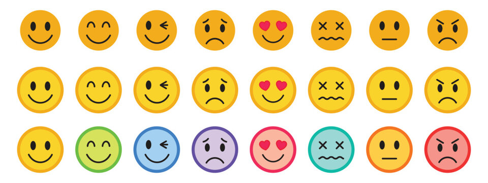 Comprehensive collection of yellow line smiley emoticons showing different emotional expressions for user feedback UI design