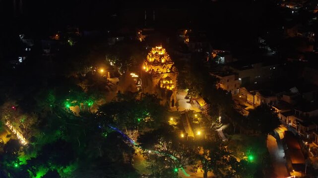 Aerial view of the Po Nagar Cham Towers in Nha Trang, Vietnam in the night
