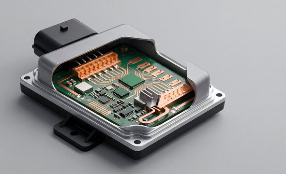 3D Render of an Automotive Electronic Control Module Revealing Internal Circuit Board and Microchips