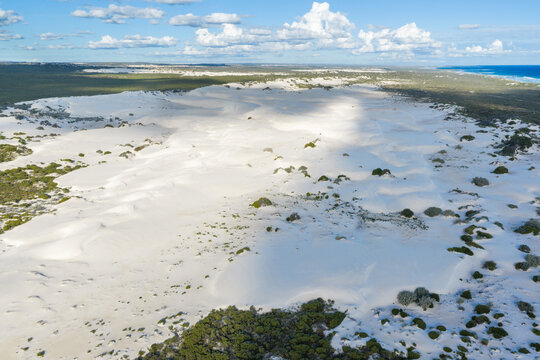 Aerial view over the white sand dunes of Wedge Island