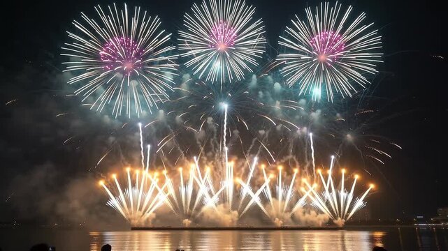 Bright colorful fireworks bursting in the night sky during a festive celebration event.