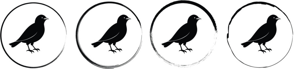 Fototapeta premium Four circular featuring a black silhouette of a small bird facing right on a white background, flat style