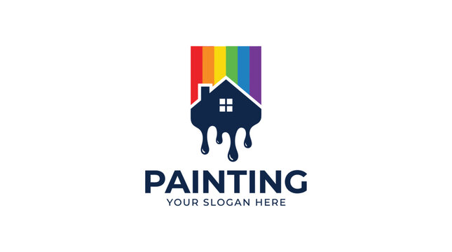 Minimalist house logo design featuring a rainbow paint drip effect with dark blue bold lettering