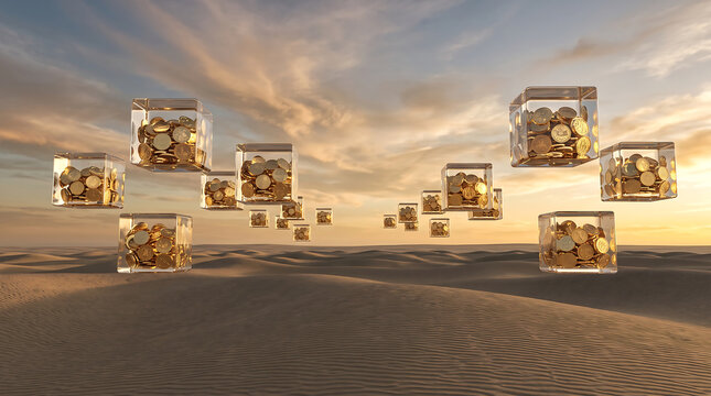 Floating Transparent Glass Cubes Filled with Gold Coins Over Desert Dunes Financial Assets and Wealth Concept