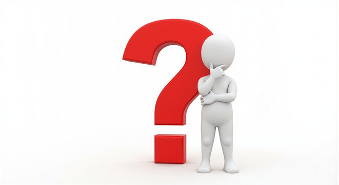 White 3D character standing next to a large red question mark in a thoughtful pose against a clean white background