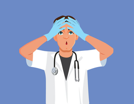 Surprised Male Doctor Feeling Exasperated and Stressed out Vector Illustration. Shocked healthcare professional gesturing facepalm expression while wearing stethoscope vector illustration