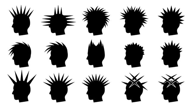 Crazy hair silhouettes and punk hairstyle set for creative design
