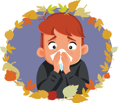 Little Boy Blowing His Nose Suffering From Autumn Seasonal Allergies. Sad sick male child wiping face with tissue paper surrounded by leaves vector 
