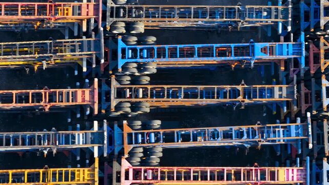 Aerial top down view of parked colorful container chassis trailers