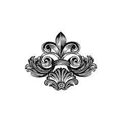Vintage baroque heraldic fleur de lis ornament engraving style with ornament engraving decoration illustration monochrome symmetry victorian renaissance acanthus botanical tradition © JohnStock12
