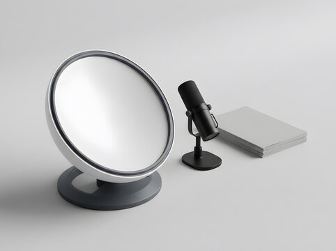 Minimalist podcast setup with microphone and circular lamp