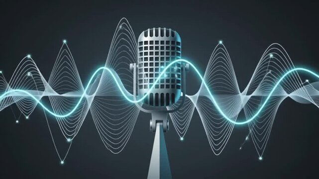 Studio microphone in podcast set with glowing digital sound wave audio signal concept