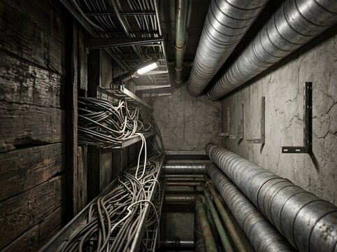 Dark industrial utility tunnel with metal pipes and cable racks