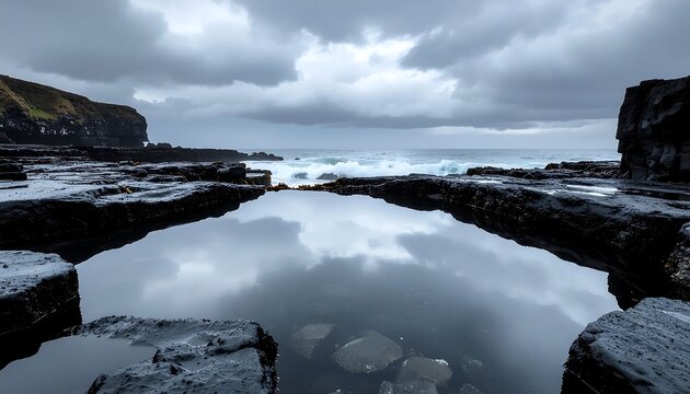 Rocky coastline with reflective tide pools and stormy sky