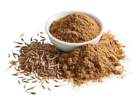 Cumin seeds and ground cumin powder in a white bowl isolated on a white background