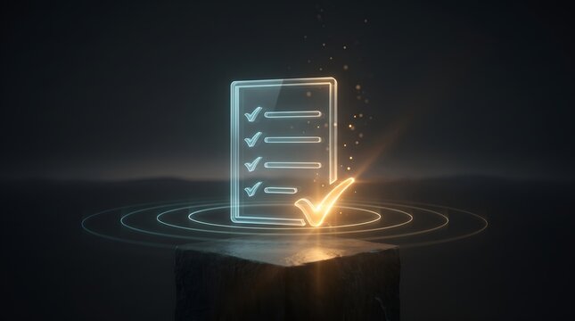 Glowing document checklist icon with checkmark on podium representing quality assurance and success