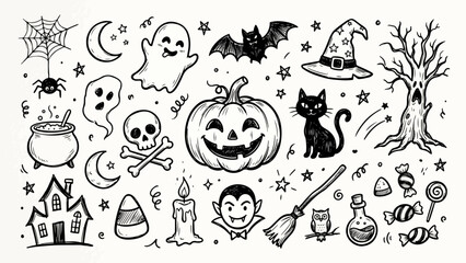 Fototapeta premium Doodle collection of cute Halloween elements including pumpkins, ghosts, bats, and witches in black and white