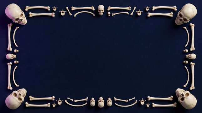 Rectangular frame made of human skulls and bones on a dark blue background for halloween design