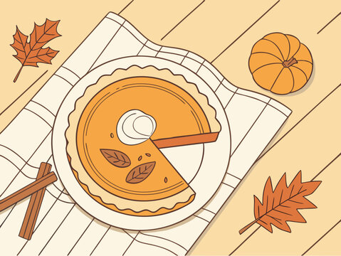 Fresh pumpkin pie on a ceramic plate surrounded by cinnamon sticks, autumn leaves and a linen napkin, warm sunlight across a rustic tabletop, cozy editorial vector, orange, cream and brown palette.