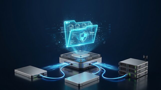Digital file folder with security shield icon floating above connected computer hardware devices on a dark background