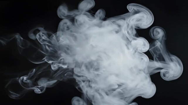 Cinematic white smoke plume flowing across a black background, featuring thick wisps, swirling vapor patterns, and smooth gaseous motion for atmospheric visual effects.