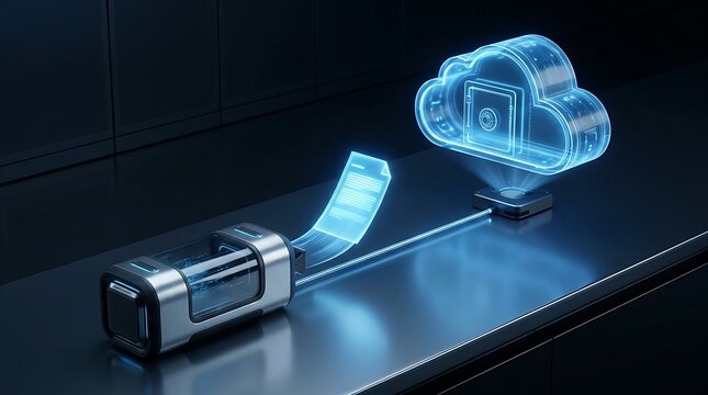 Blue digital cloud computing icon glowing on a dark surface representing data storage and network technology