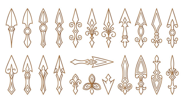 Vintage spearhead line art elements for architectural design use.