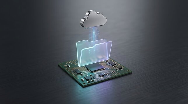 Cloud computing concept with data folder icon hovering over a computer circuit board processor chip for digital storage
