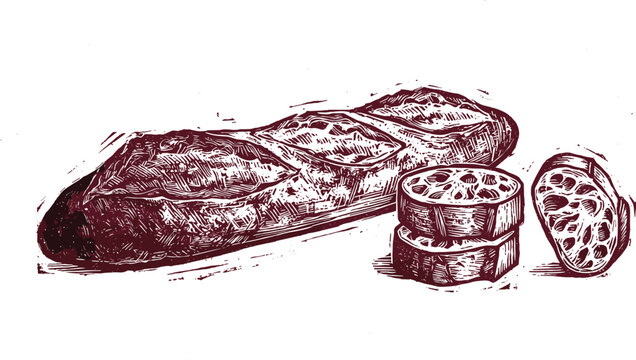French baguette bread loaf with cut slices lino cut style engraving vector illustration for bakery menu display sketch