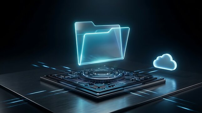 Glowing digital file folder icon floating above a computer processor chip representing cloud data storage technology