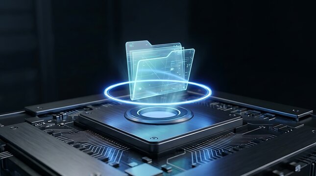 Digital folder icon hologram glowing above a computer processor chip on a motherboard representing modern data storage