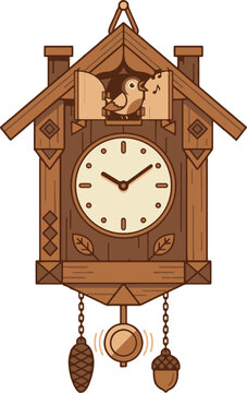 Charming wooden cuckoo clock with singing bird and pendulum isolated on white.