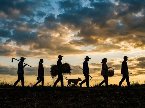 Silhouette of farmers walking through fields at sunset
