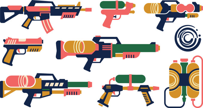 Flat Geometric Water Gun Icon Set Featuring Toy Blasters Rifle Shapes Pistol Targets and Backpack Water Tanks for Summer Fun Vector Graphic Designs