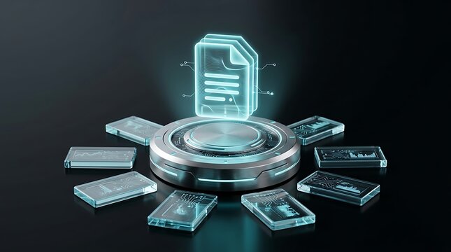 Holographic digital document icon floating over a futuristic circular data storage base with glowing green light