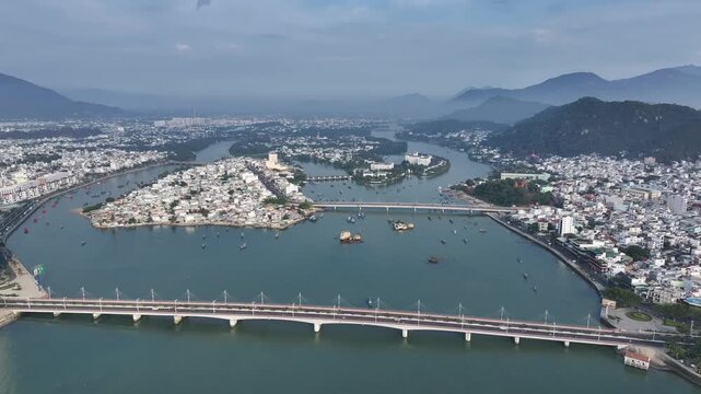 Aerial view of Nha Trang city skyline with beach scenery in Vietnam