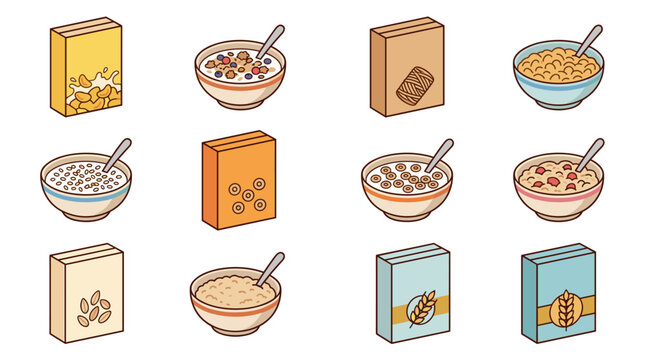 Isometric vector icon set of breakfast cereal boxes and bowls of cereal, flat design graphic elements on white background