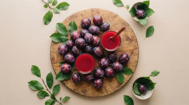 Fresh plums with leaves and bowls of plum juice on a wooden board