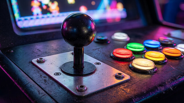 Retro arcade machine joystick and colorful glowing buttons for vintage video game play.