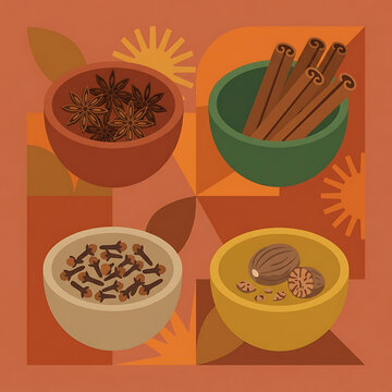 Aromatic spices in colorful bowls on a geometric pattern background