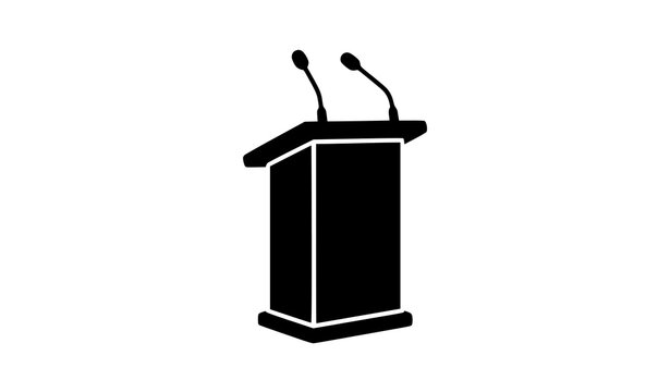 Wooden press podium lectern rostrum stand with microphones icon isolated on white background for conference presentation graphic vector