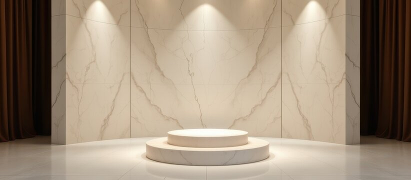 Minimalist beige marble display podium with spotlighting and dark curtains in a modern showroom.