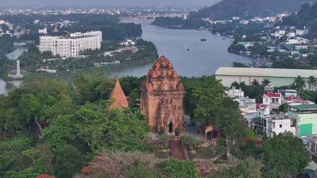 Aerial view of the Po Nagar Cham Towers in Nha Trang, Vietnam