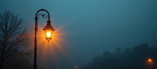Obraz premium Vintage street lamp glowing warmly on foggy night with silhouetted trees and distant lights